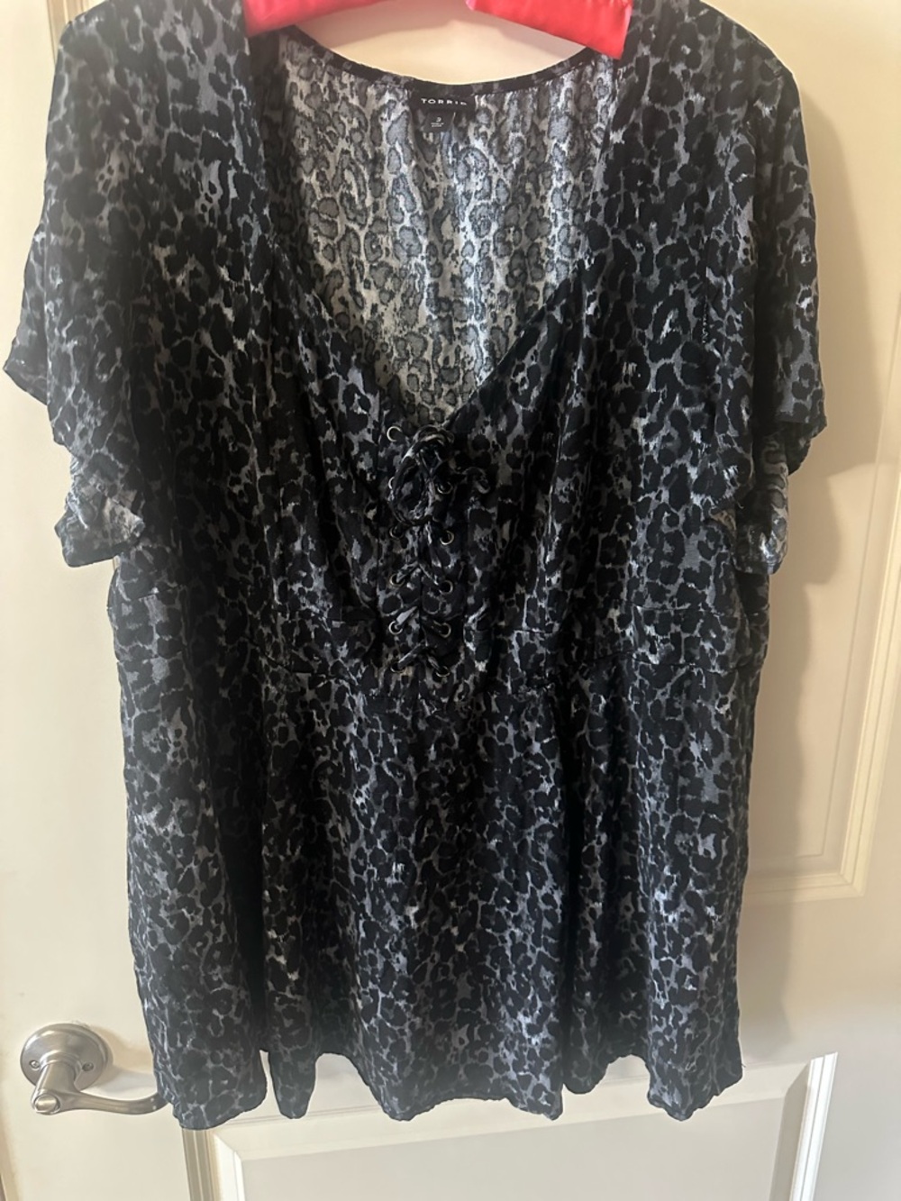 torrid Black and Gray Leopard Lace-Up V-Neck Blouse